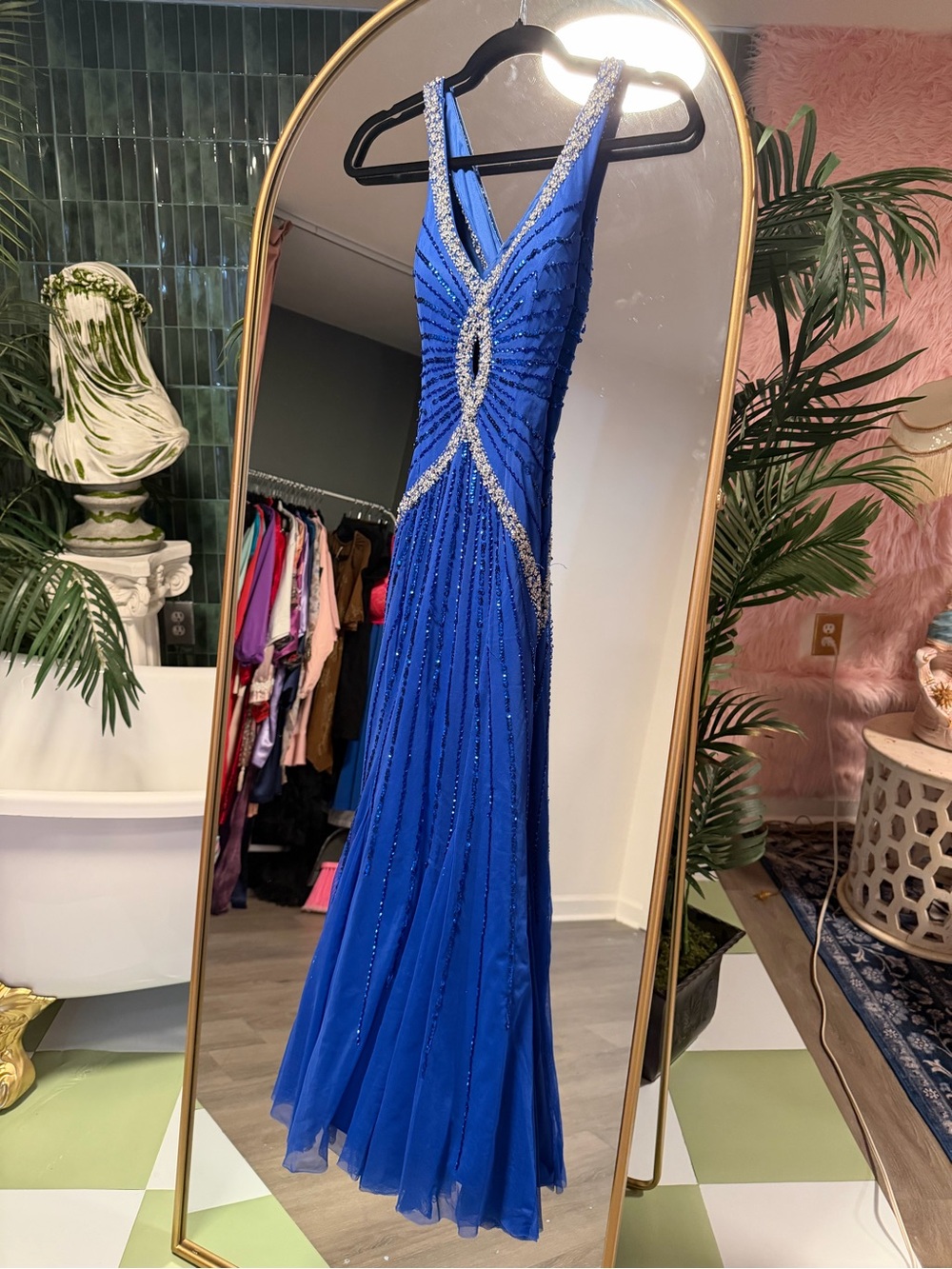 Beaded V-Neck Cobalt Blue Prom Gown